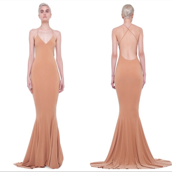 $350 REVOLVE Norma Kamali Low Back Slip Mermaid Fishtail Gown Nude Beige Dress - Picture 11 of 12